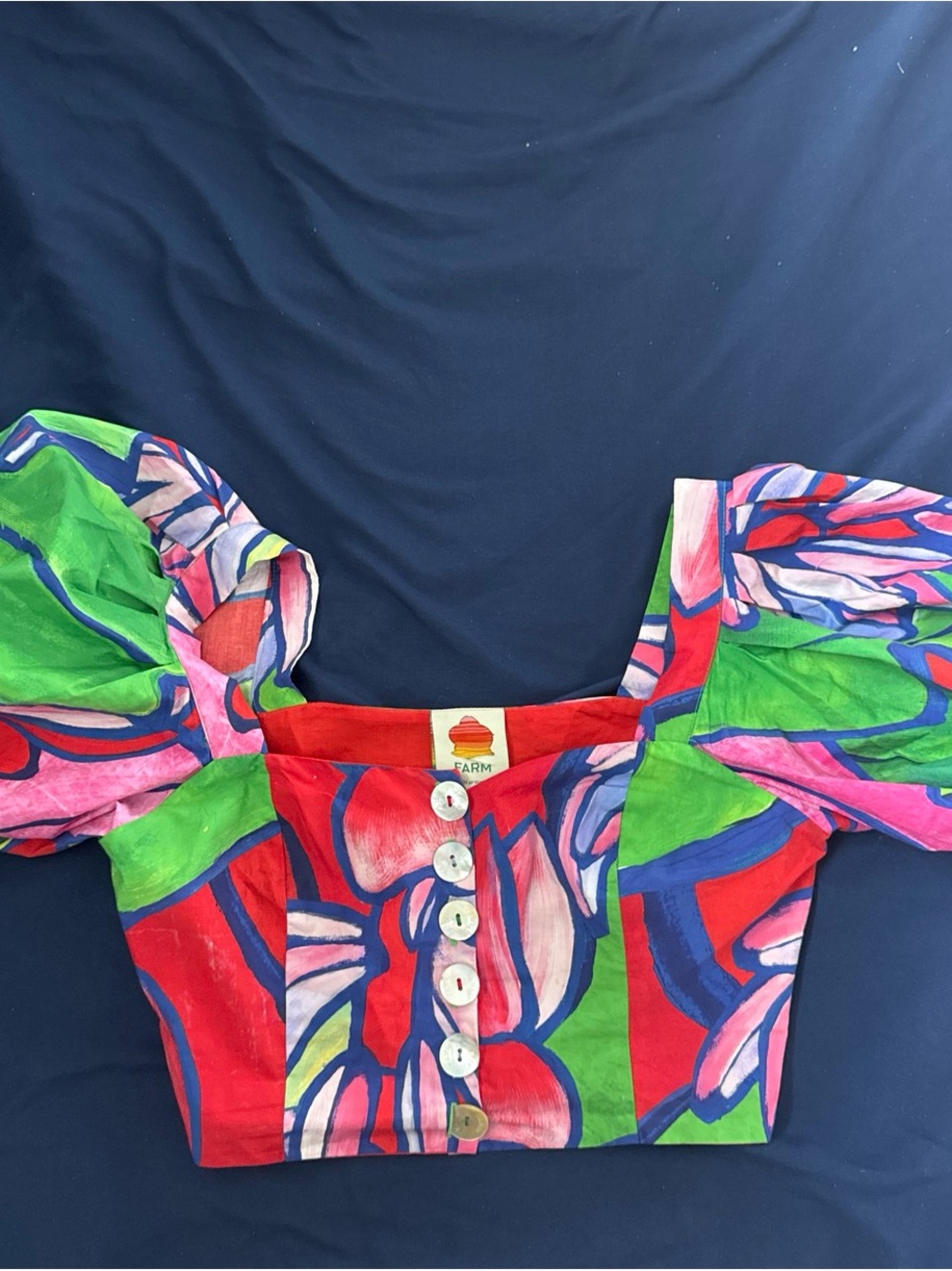FARM Rio Red, Green & Pink Floral Puff-Sleeve Crop Top